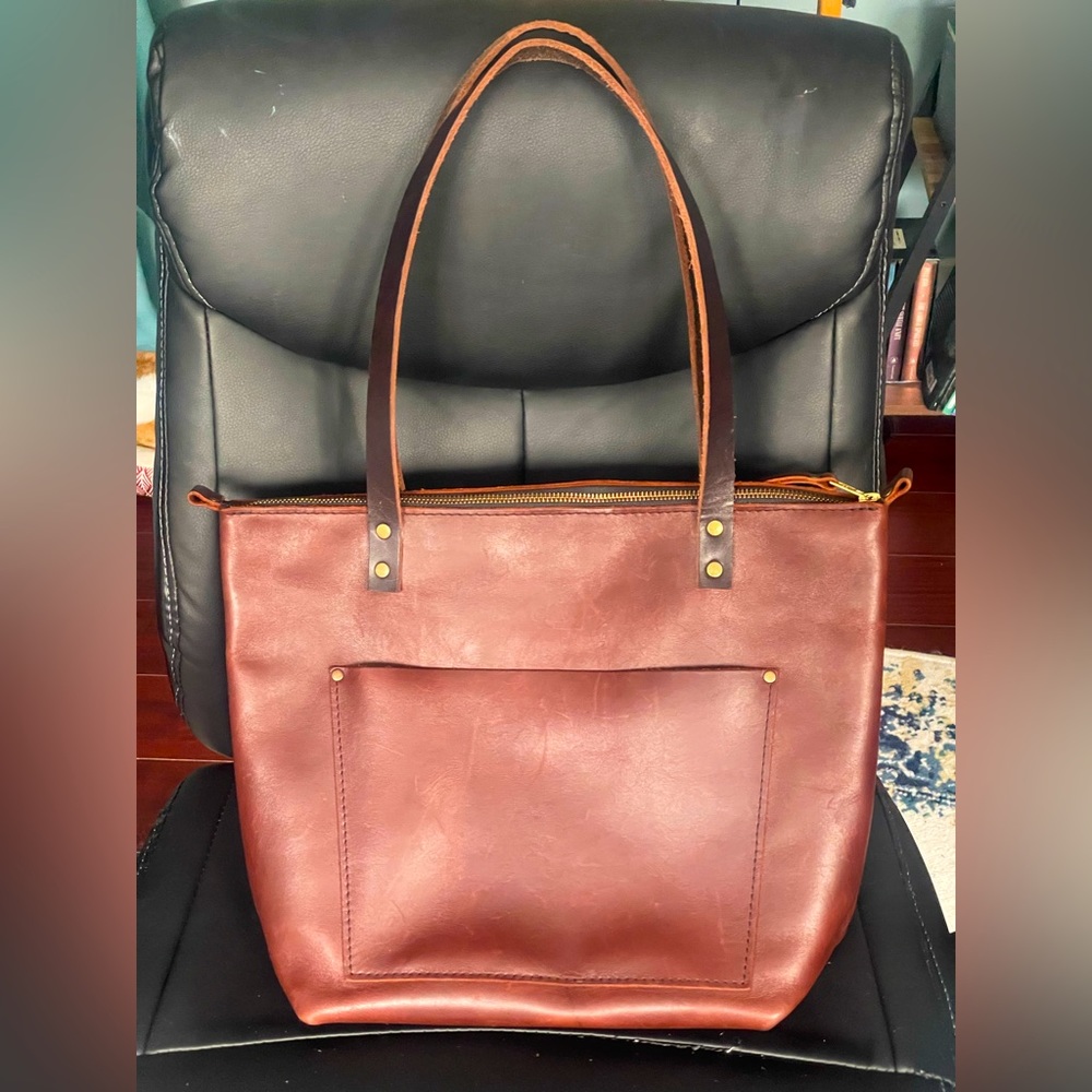 ⚡️Portland Leather tote bag, Cognac, with zipper